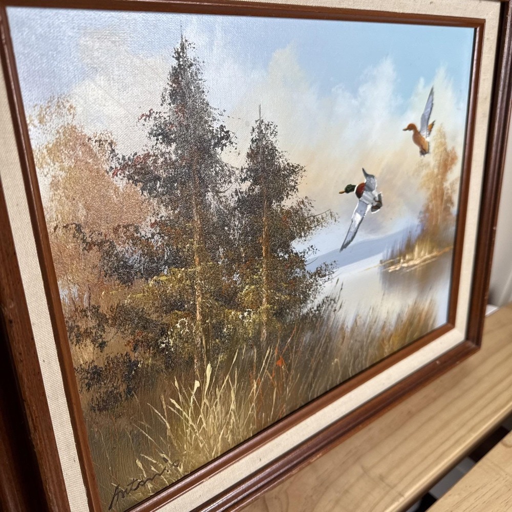 VTG Original 70s Framed Oil Painting Nature Ducks Flying Lake Art 17x20" Western - Picture 7 of 11